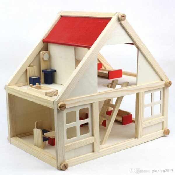 Casita de madera con techo rojo