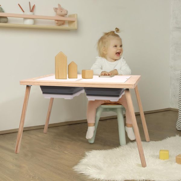 Mesa sensorial con 2 cubetas plegables y paneles de actividades intercambiables