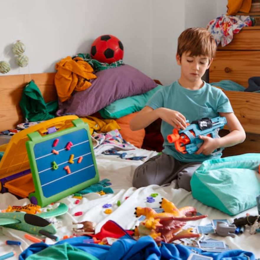 Niño con demasiado desorden en su dormitorio