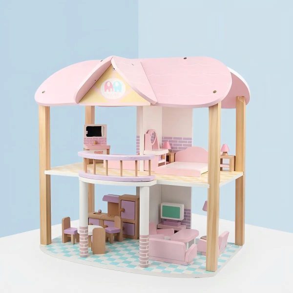 Alternative view of Casa de muñecas de madera con techo rosado y muebles incluidos