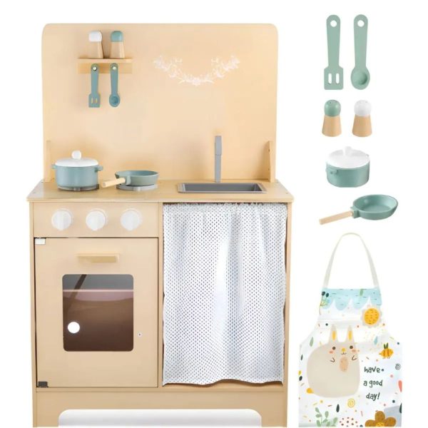 Cocinita de madera infantil vintage con accesorios, horno, lavaplatos y delantal para juego simbólico.